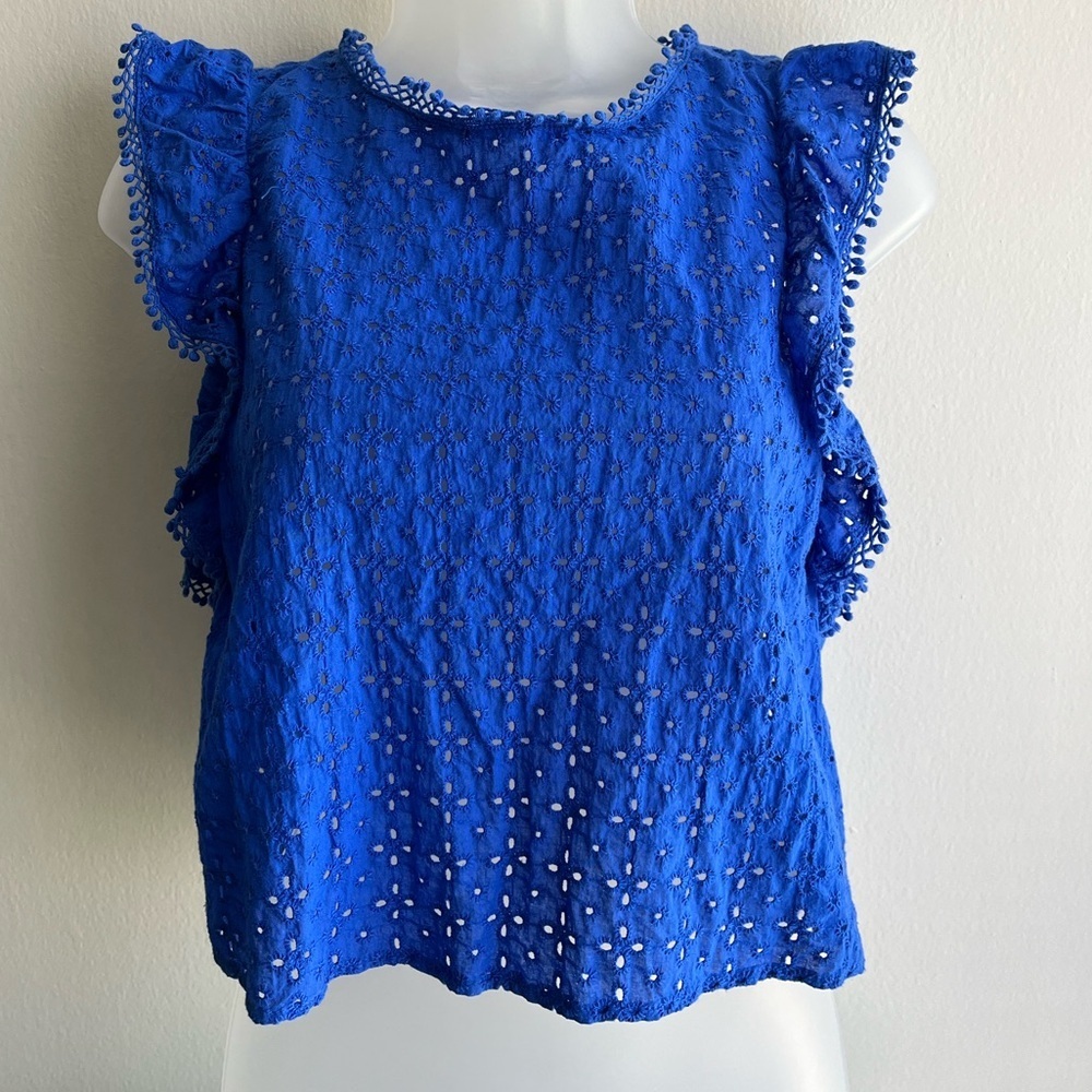 Zara Boho Top Royal Blue Eyelet Ruffle Sleeve Top Size Small